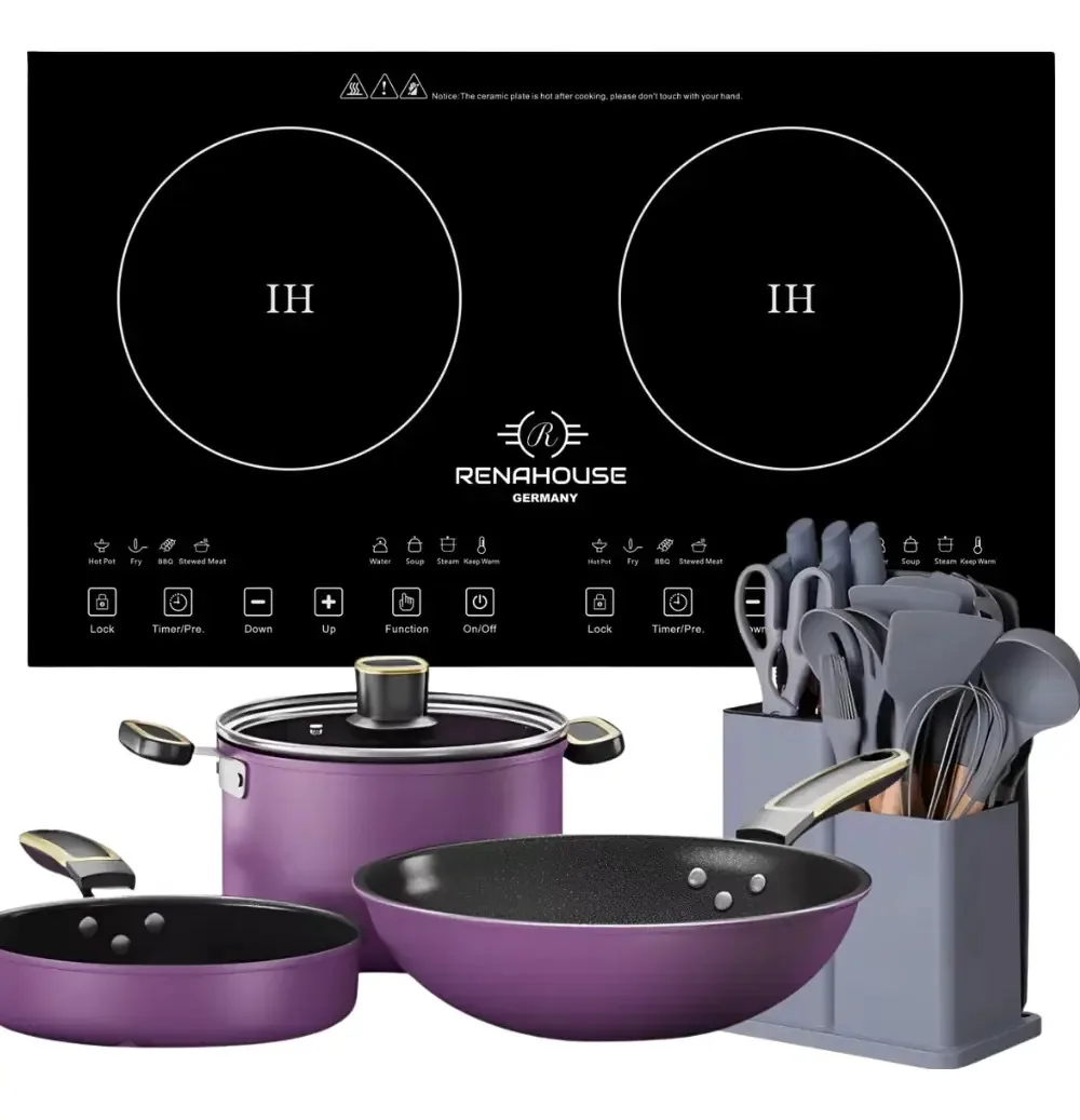 Fogão de indução de 2000 w+conjunto de utensílios e utensílios de cozinha preto