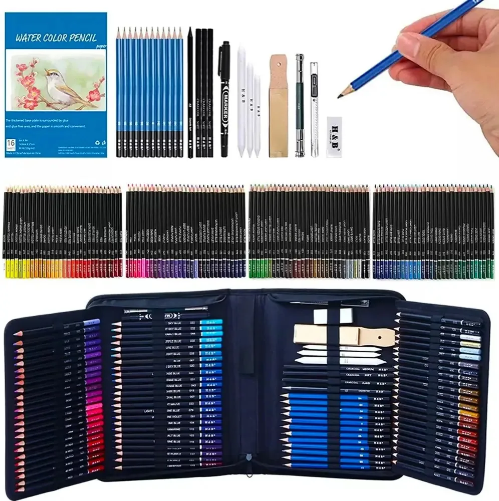 Kit de lápis de desenho e esboço com acessórios: 145 unidades, linha de cores, cor