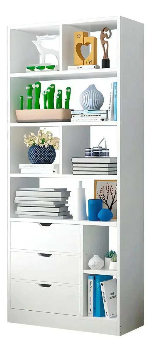 Biblioteca Empoli com 3 gavetas e 8 prateleiras 182x75x24cm Cor branca