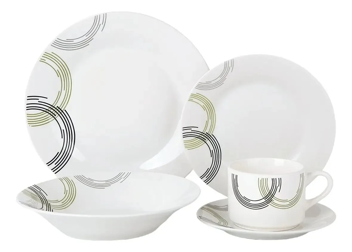 Conjunto de talheres de porcelana, 20 peças, pratos planos, copos profundos, círculos, cinza
