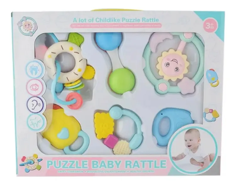 Conjunto de 6 chocalhos de bebê em cor pastel