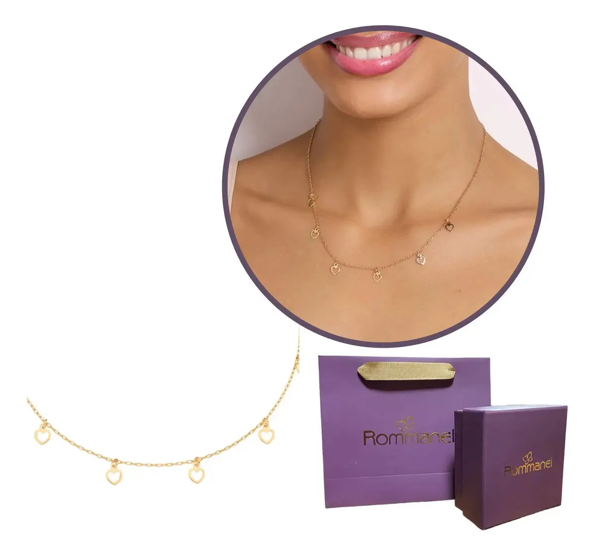 Gargantilha Pingentes Corações Dourado 45cm Rommanel 532311