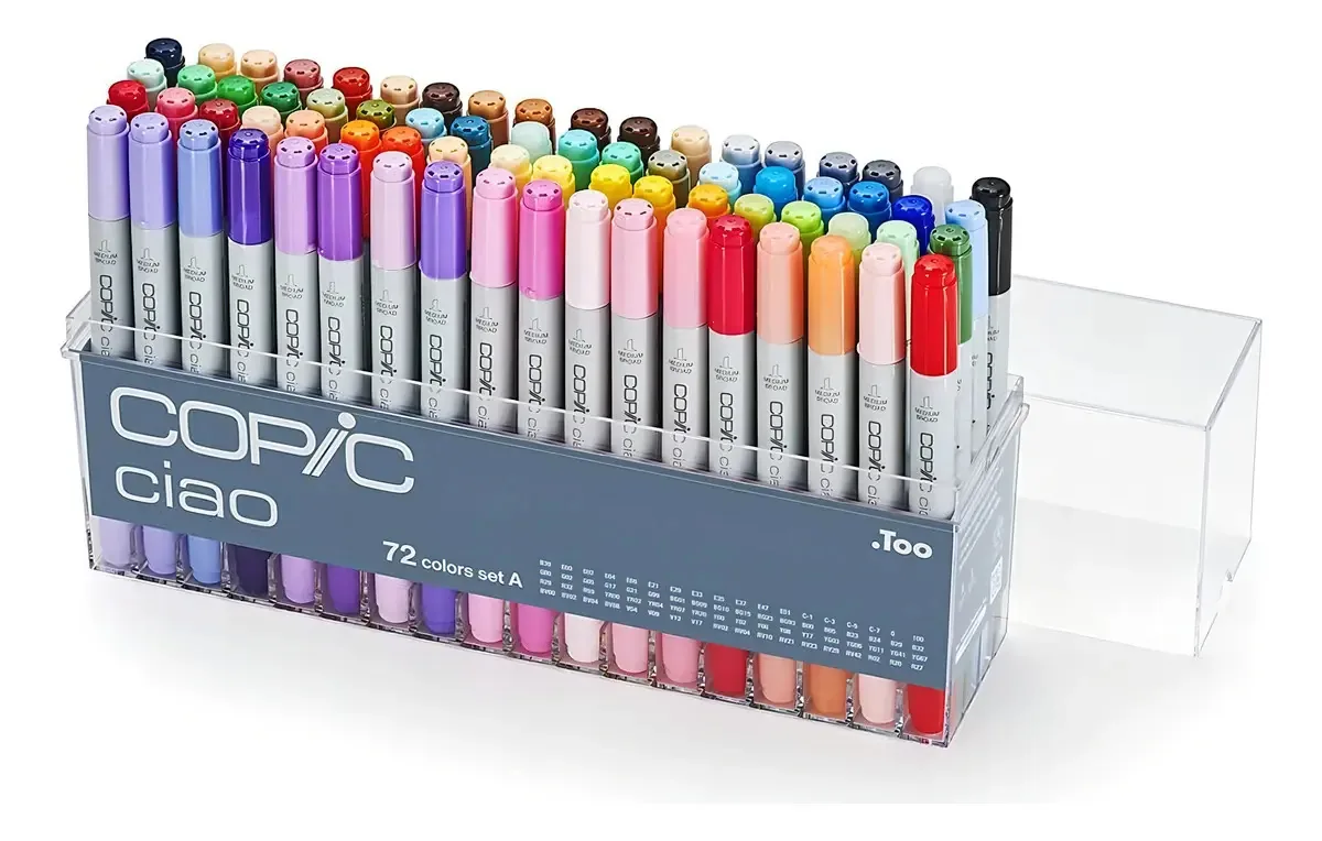 Conjunto de 72 marcadores cópicos coloridos e marcadores de nível intermediário