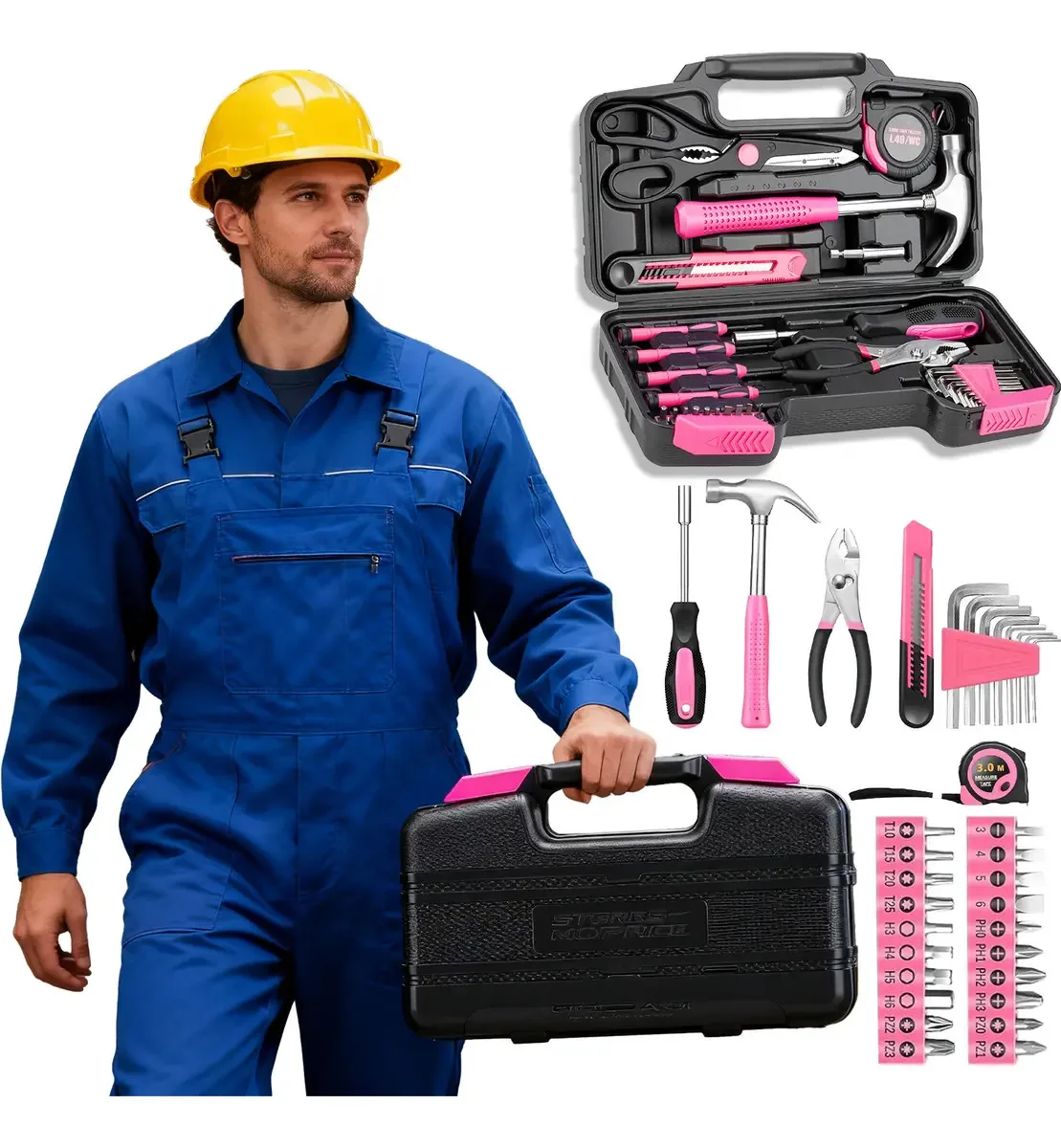 Conjunto de ferramentas combinadas de 39 peças, kits de manutenção doméstica, kit de ferramentas manuais de reparo portátil, adequado para uso em manutenção doméstica, rosa