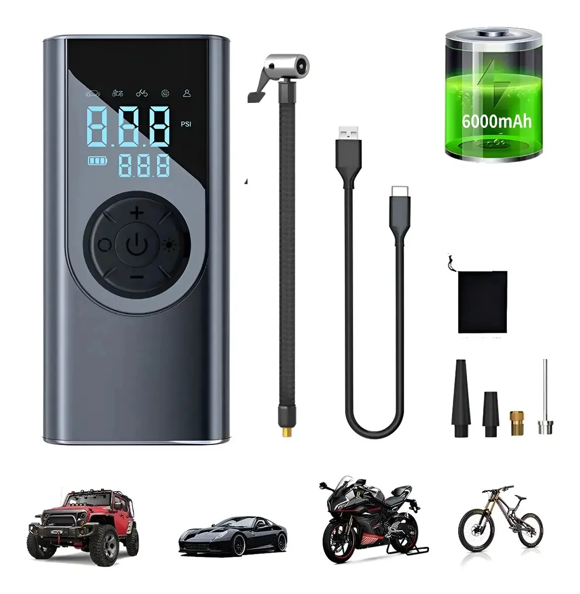 Mini compressor de ar portátil de cor preta, inflar pneus de carros e motocicletas, inflador de pneus portátil, bateria de 6000mah