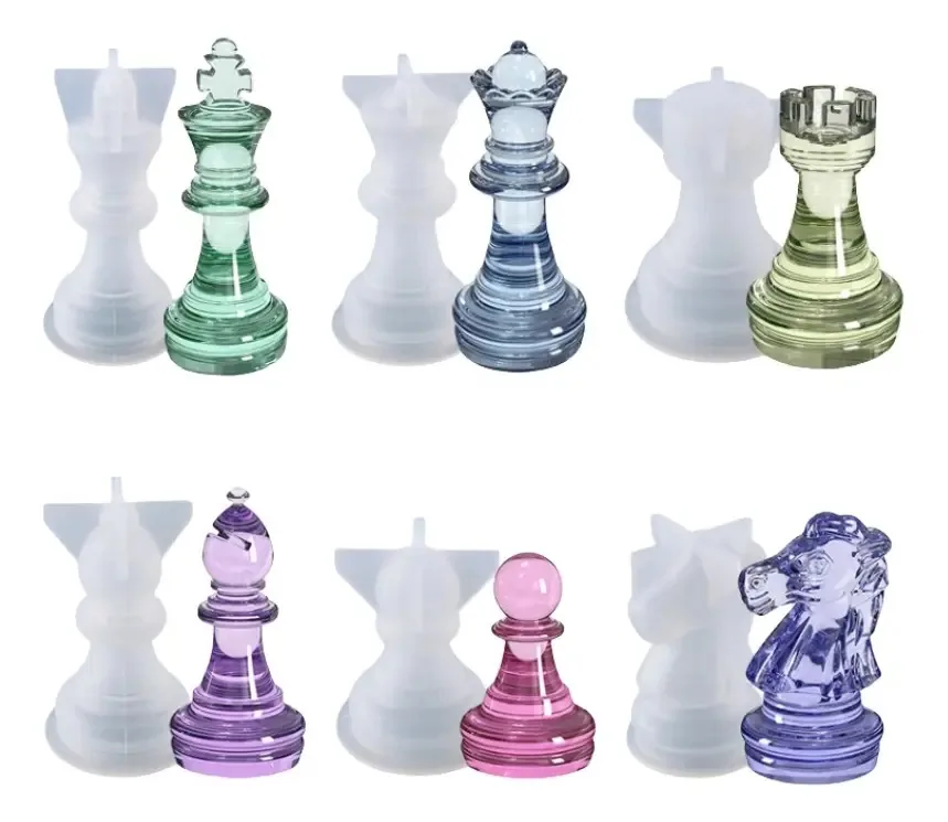 Moldes de silicone para xadrez de resina 3D, 6 peças de tabuleiro, peças de xadrez coloridas, peças de xadrez - 6 peças