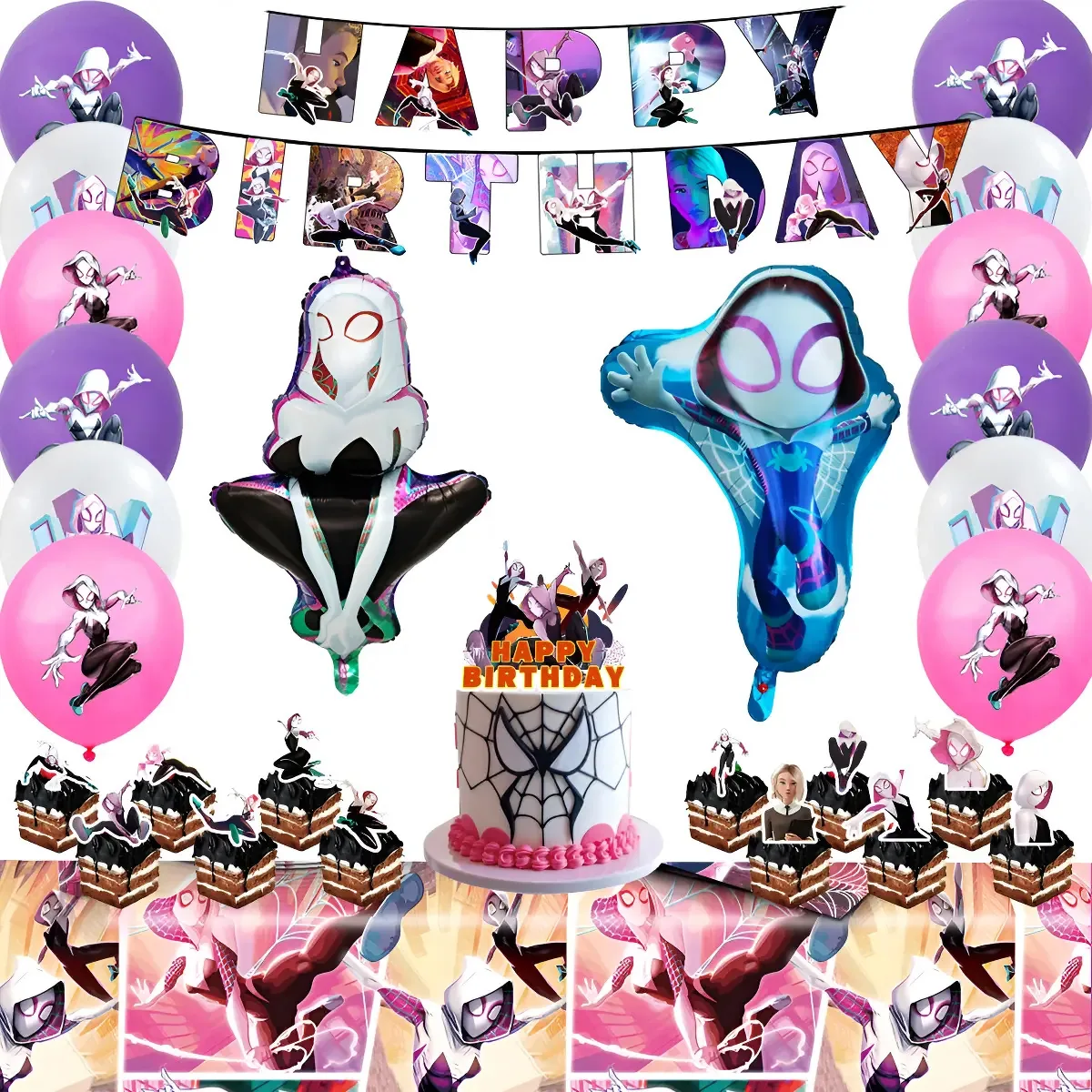 29 decorações de festa, balões e banners de Spider-Gwen