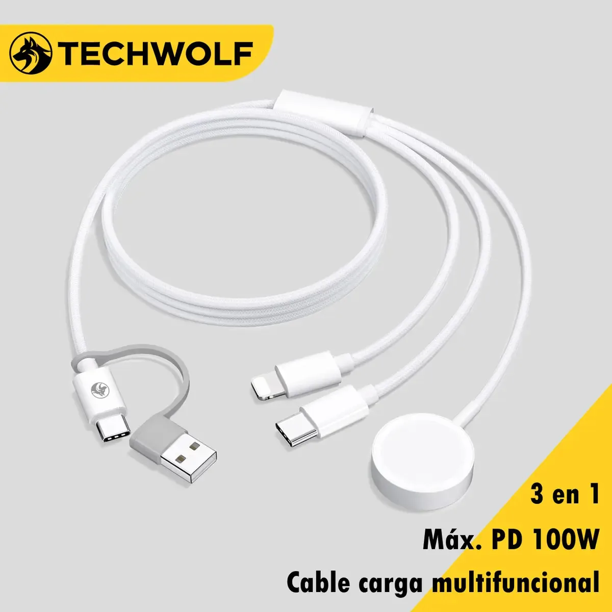 Carregadores magnéticos USB e tipo C para Apple Watch, cabo Techwolf USB C Pd 3 em 1 com tipo C, iOS e magnético para Apple Watch, ideal para celular, tablet e smartwatch no escritório ou em viagens