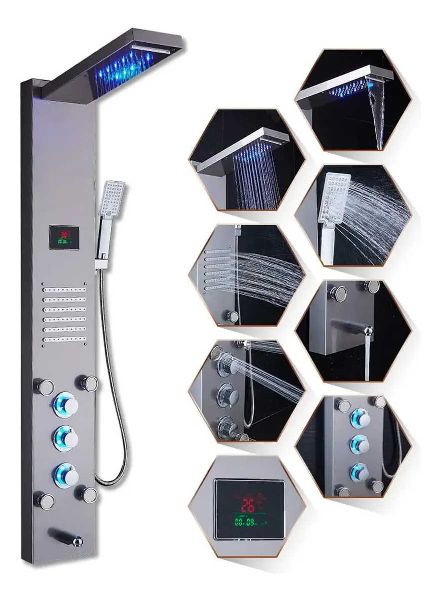 Sistema de chuveiro LED com jatos de massagem de aço inoxidável