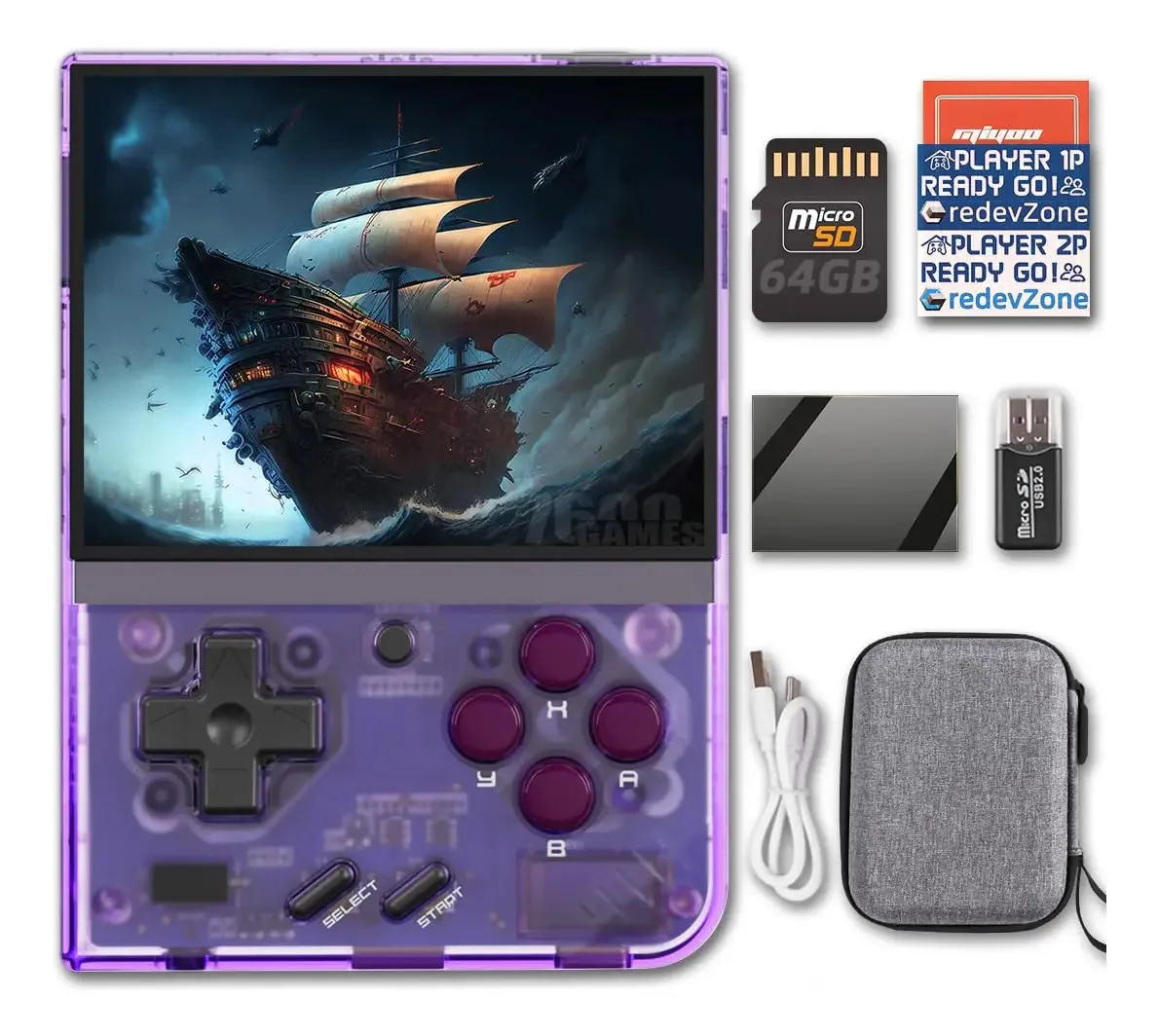 Miyoo Mini Plus, console de videogame portátil de 3,5 polegadas, 64 GB, recarregável, retrô, sistema clássico, roxo transparente.