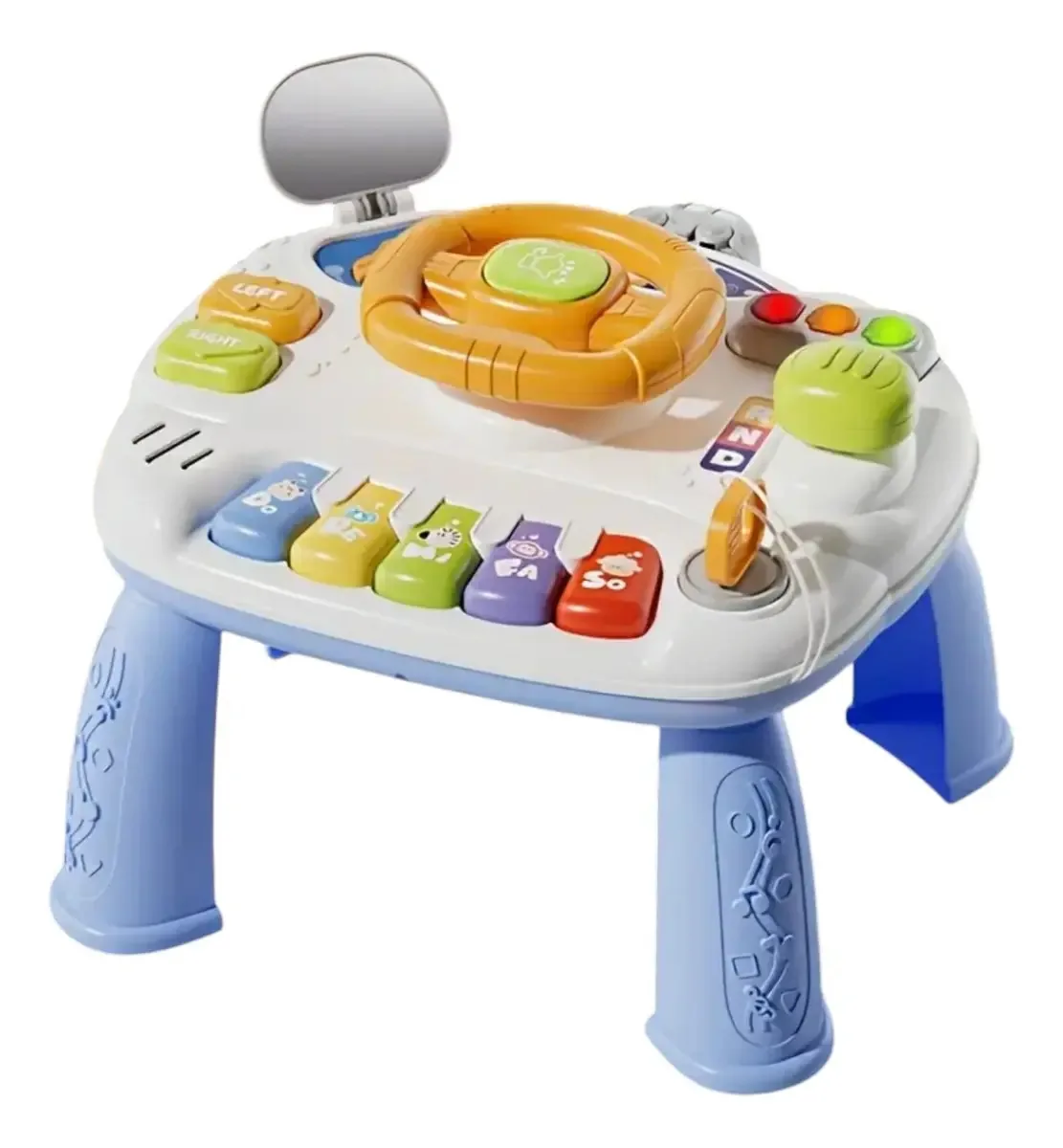 Mesa de atividades para bebês, volante, placa de música multifuncional, cor azul
