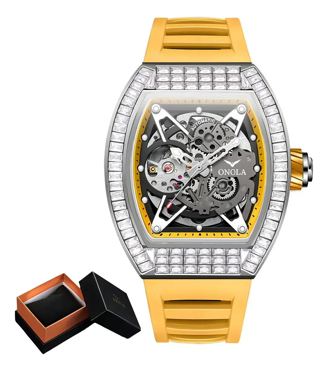 Relógios Onola Mechanical Skeleton Diamond Bisel Amarelo-prateado
