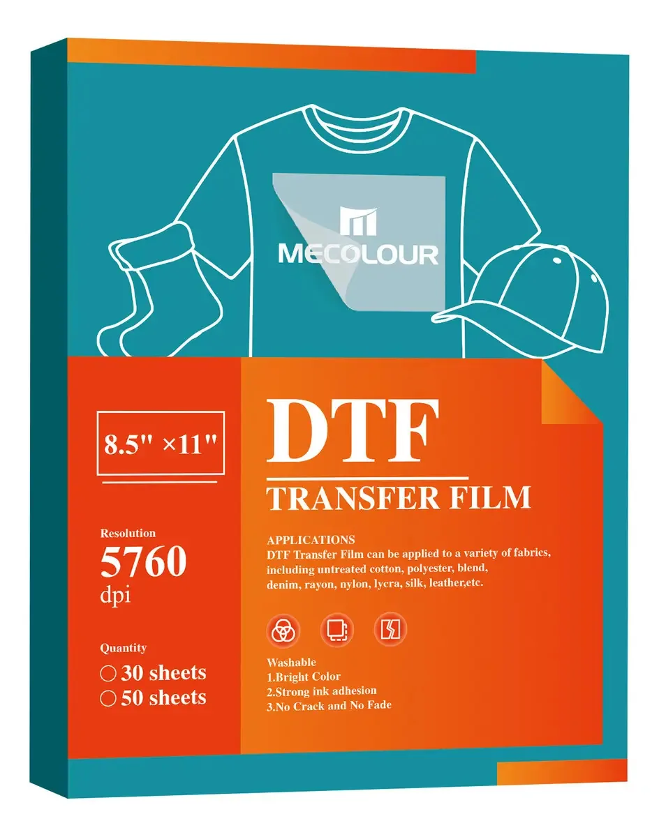 Filme de impressão de vinil de 50 folhas para camisetas têxteis Dtf A4 Mecolor