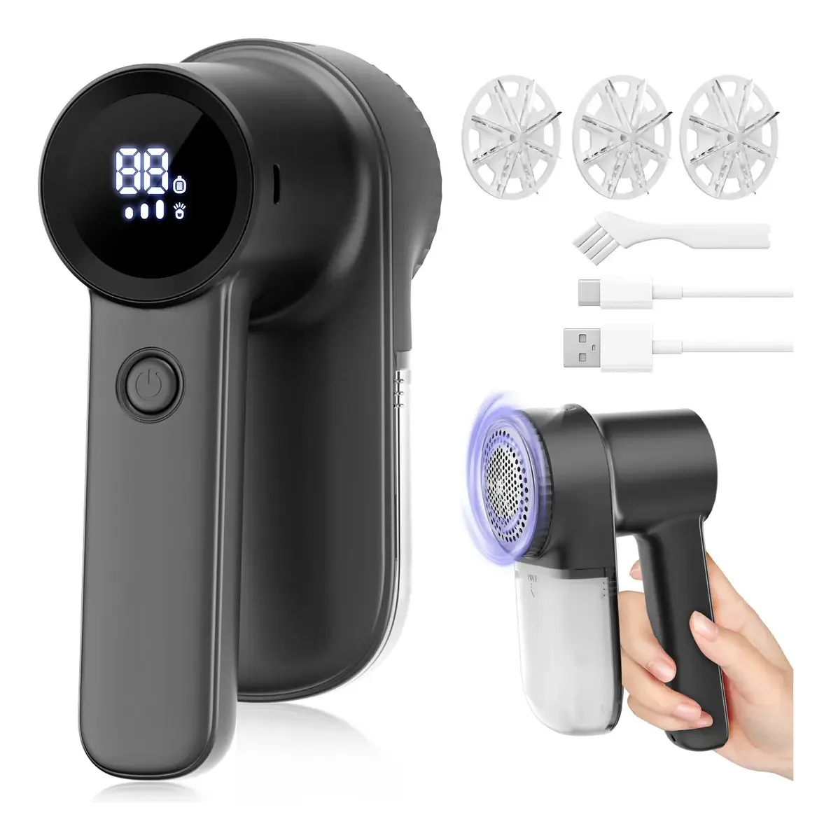 Removedor de fiapos de tela digital grande recarregável para roupas, cor preta