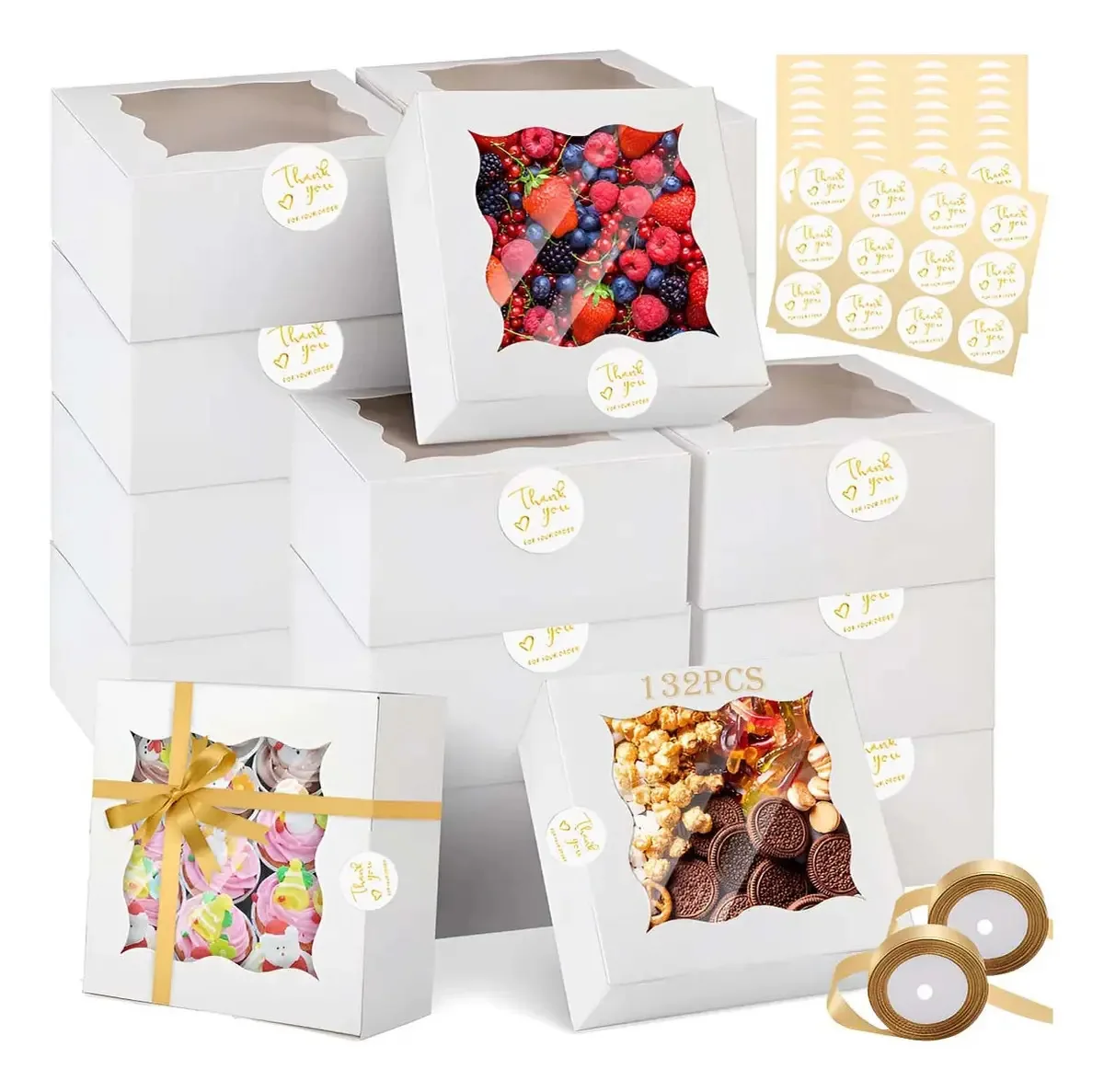 Caixas de sobremesas Balcis 120 com janela, caixas de biscoitos brancas, caixa para cupcakes e donuts, caixas de confeitaria portáteis para bolos, cupcakes e sobremesas, casamentos, festas e...