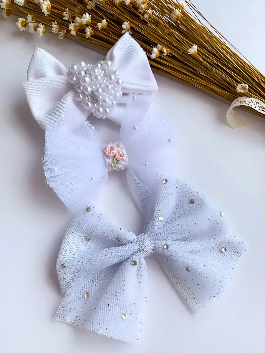 Laços Para Batizado Infantil Kit de 3 Unidades Branco Florido
