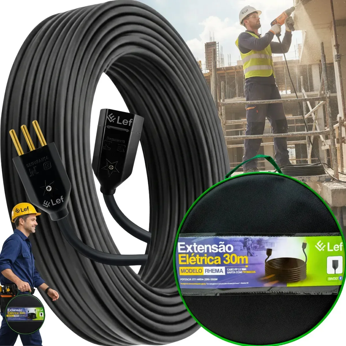 Extensão Eletrica Lef 30 Metros Tomada 10a Profissional Para Obras, Reformas ,oficinas ,com Bolsa Para Organização E Transporta