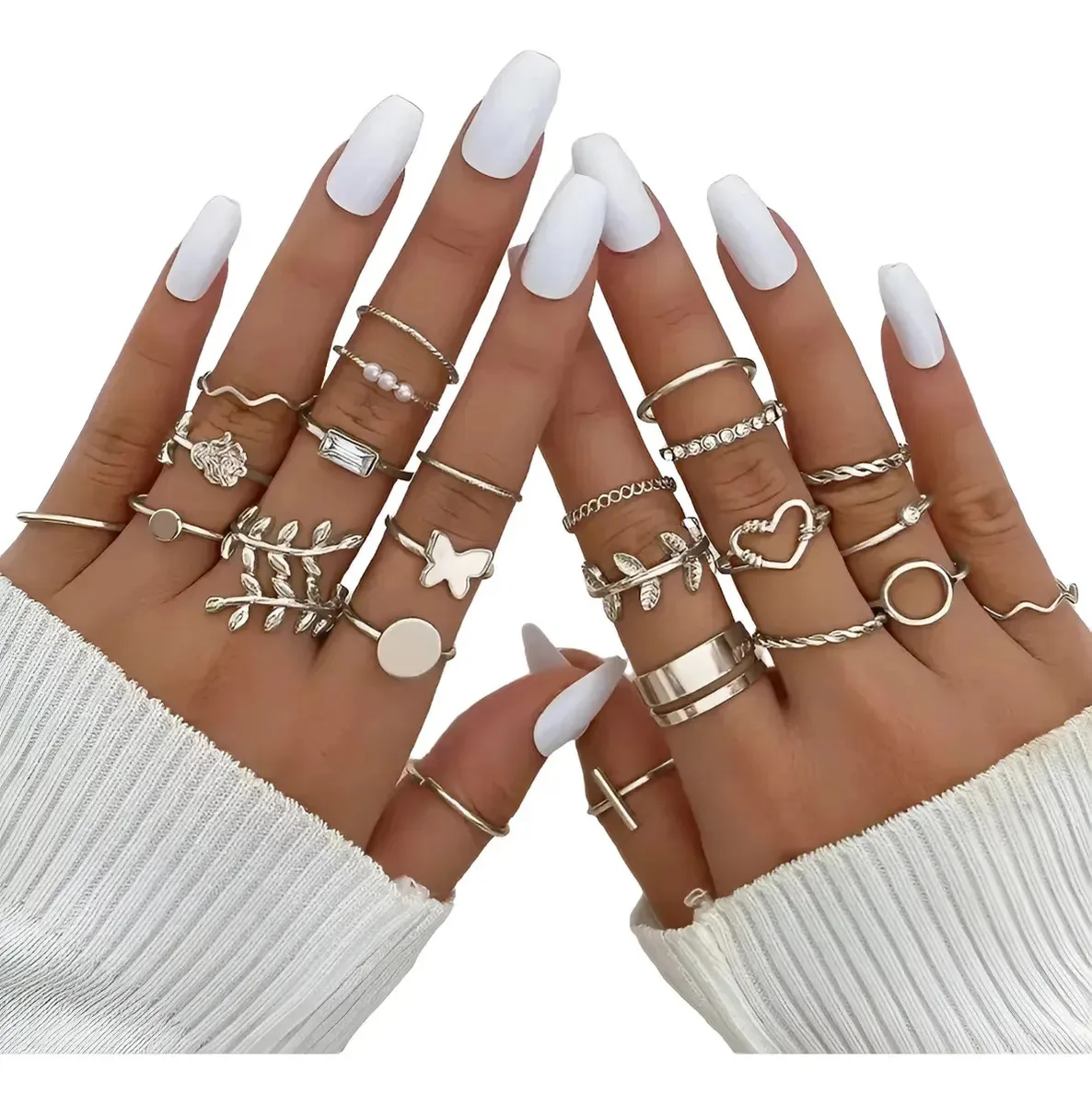 Conjunto de 23 anéis prateados, brancos, detalhes prateados, femininos