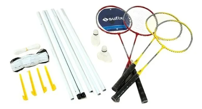 Conjunto de badminton 4 raquetes + 2 penas + malha + suporte/conjunto