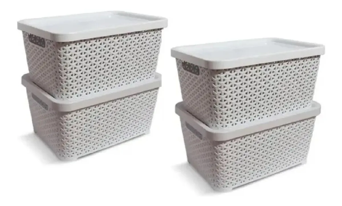 Colombraro Cesta de Vime de Plástico Com Tampa Para Roupas Chico 4 Unidade Cor Branco