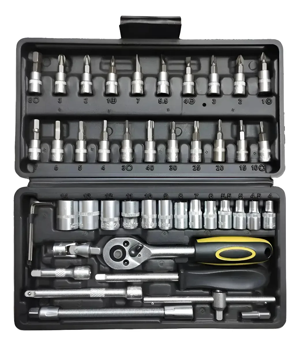 Conjunto de ferramentas North Level, 46 peças, kit manual, tubos, chave, pontas, estojo reforçado, oficina doméstica, mecânica, reparos, ajustes compactos completos, alta durabilidade, profissional