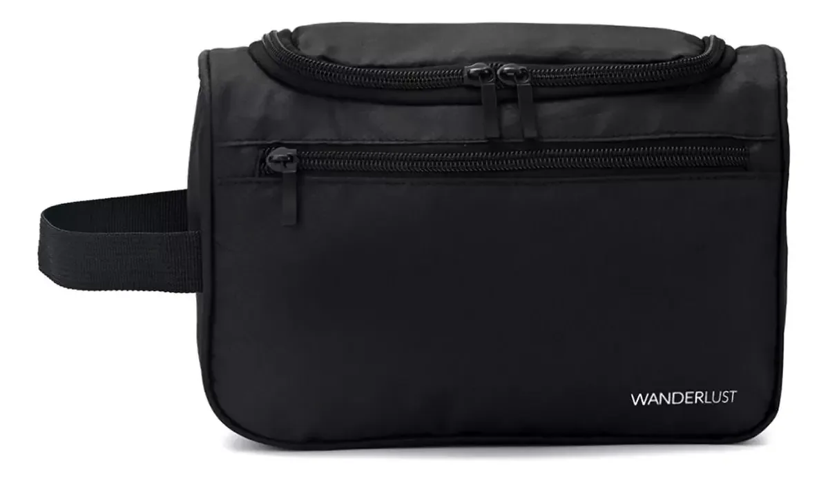 Bolsa de higiene pessoal Wanderlust Travel com cabide de poliéster, cor: preto, design de tecido liso