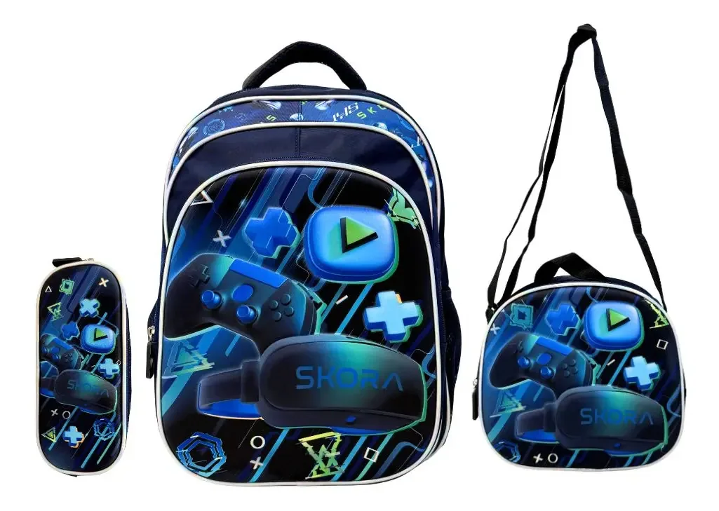 Conjunto de mochilas escolares, mais de 16 lancheiras e estojo Skora Game Zone