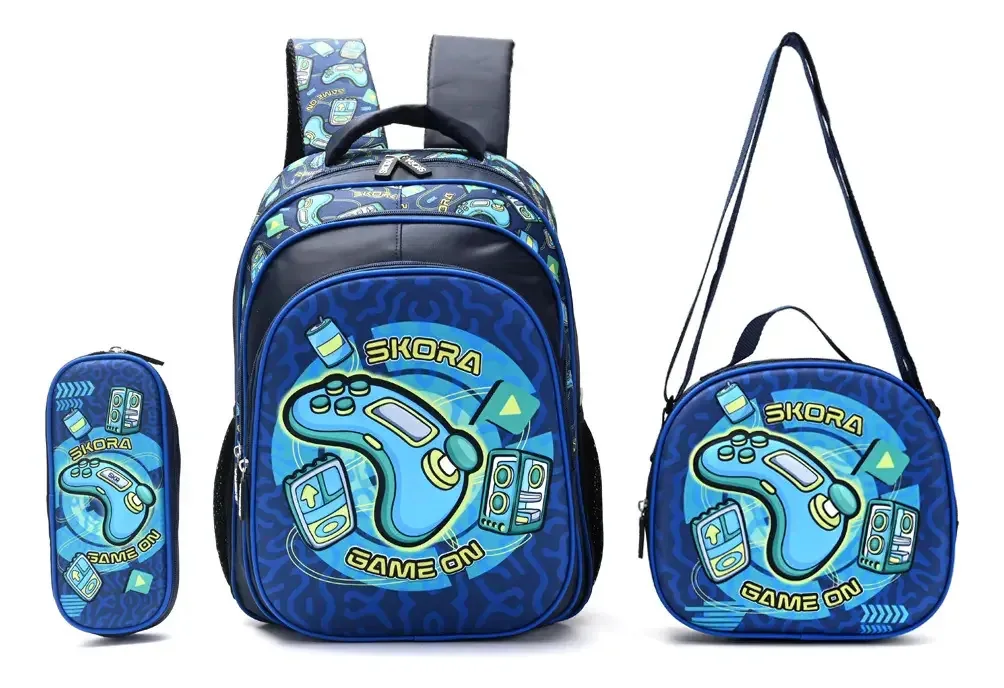 Conjunto de mochilas escolares com mais de 16 lancheiras e carteira Skora Blue Gamer