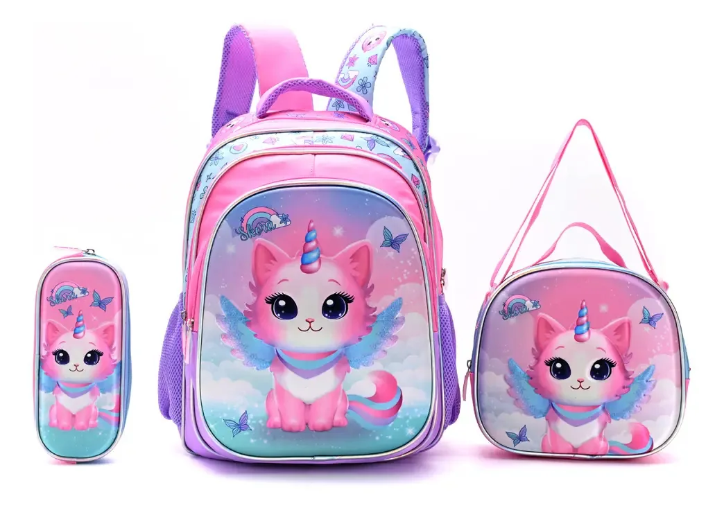Conjunto de mochilas escolares com mais de 16 lancheiras e carteira Skora Unicorn Cat
