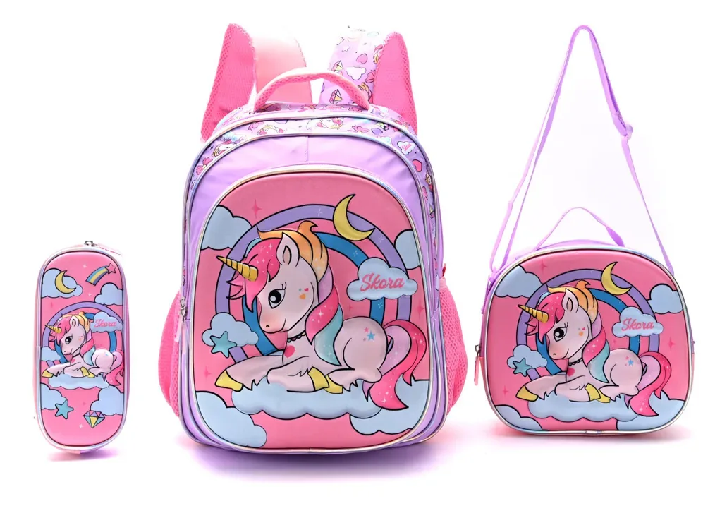 Conjunto de mochilas escolares, mais de 16 lancheiras e estojo de lápis Skora Unicorn
