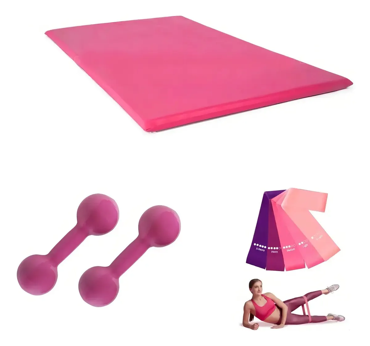 Kit Halter Emborrachado e Colchonete para Treino com Mini Bands Rosa