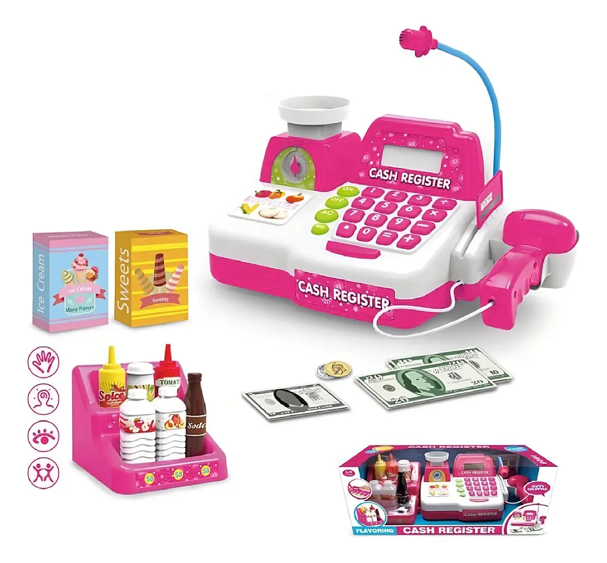 Brinquedo rosa para caixa registradora com balança, scanner e microfone