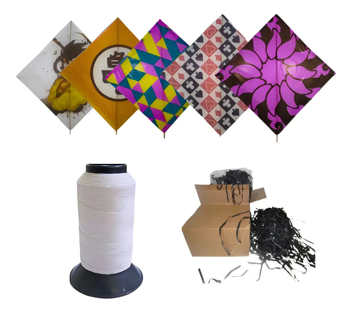 Kit 50 Mini Pipas Peixinho 30x30cm Seda Bambu Fibra + Linha Aerofun 100jds + Rabiola 50m