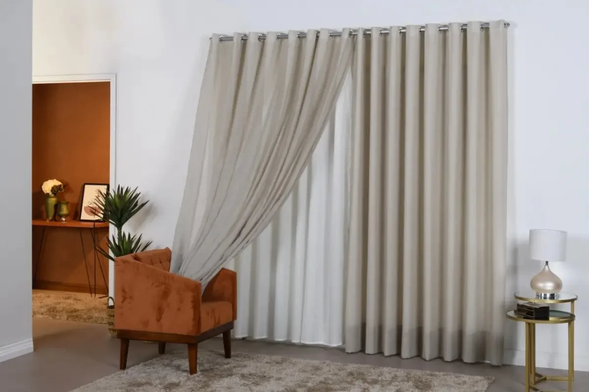 Cortina Linho Gaze 10,00x2,70 C/ Forro Microfibra Sala/quart Cor Gaze De Linho Bege - Forro Marfim