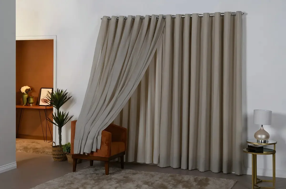 Cortina Linho Gaze 4,00x2,30 C/ Forro Microfibra Sala/quarto Cor Gaze de Linho Bege