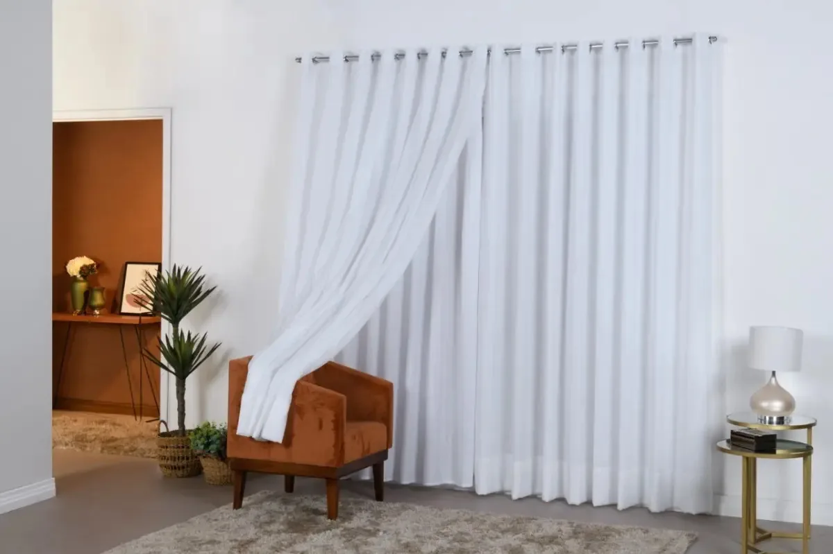 Cortina Linho Gaze 6,00x2,50 C/ Forro Microfibra Sala/quarto Cor Gaze De Linho Branco