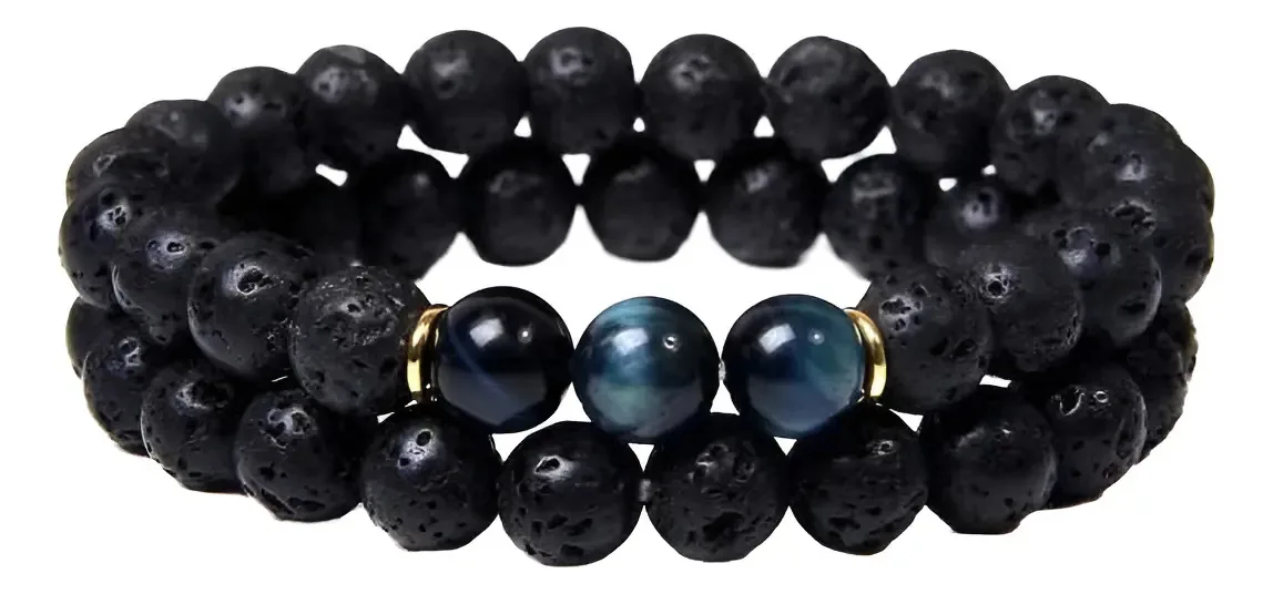 Conj 2 Pulseiras Pedra Vulcânica E Olho Tigre Azul