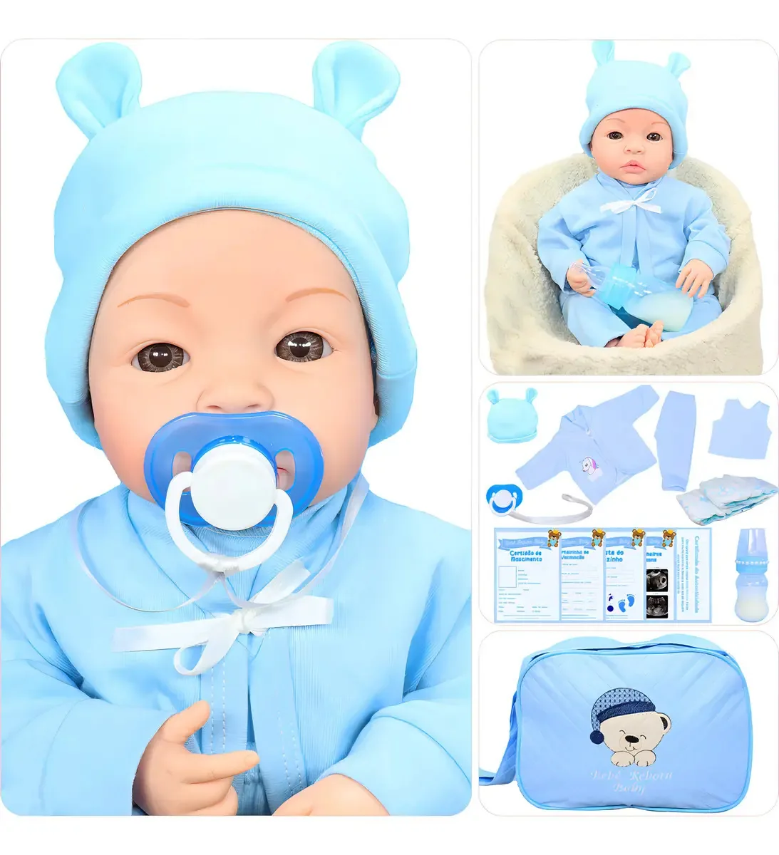 Boneca Bebê Reborn Menino de 43cm com Acessórios e Corpo em Silicone