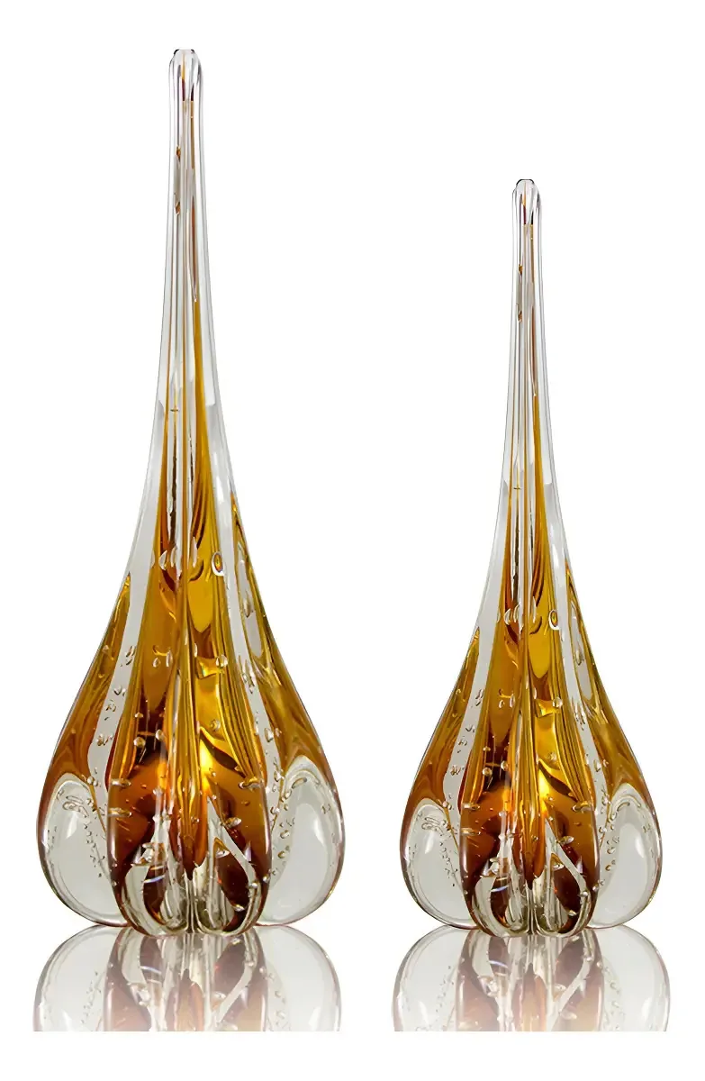 Kit 2 Esculturas Cristal Murano Gota Fênix G / M Cor Ambar