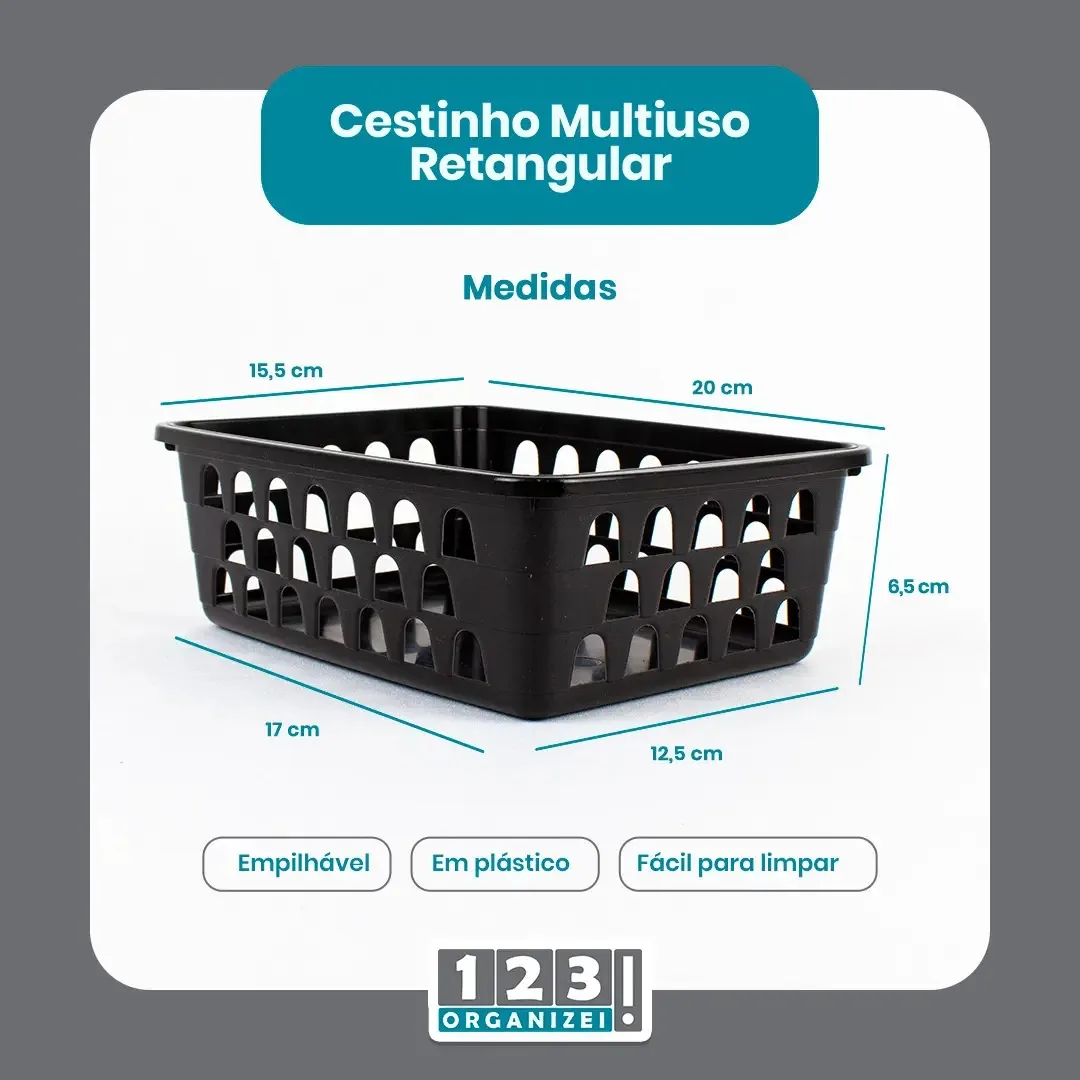 Cesto Multiuso Organizador Médio Preto 20x15,5x6,5cm