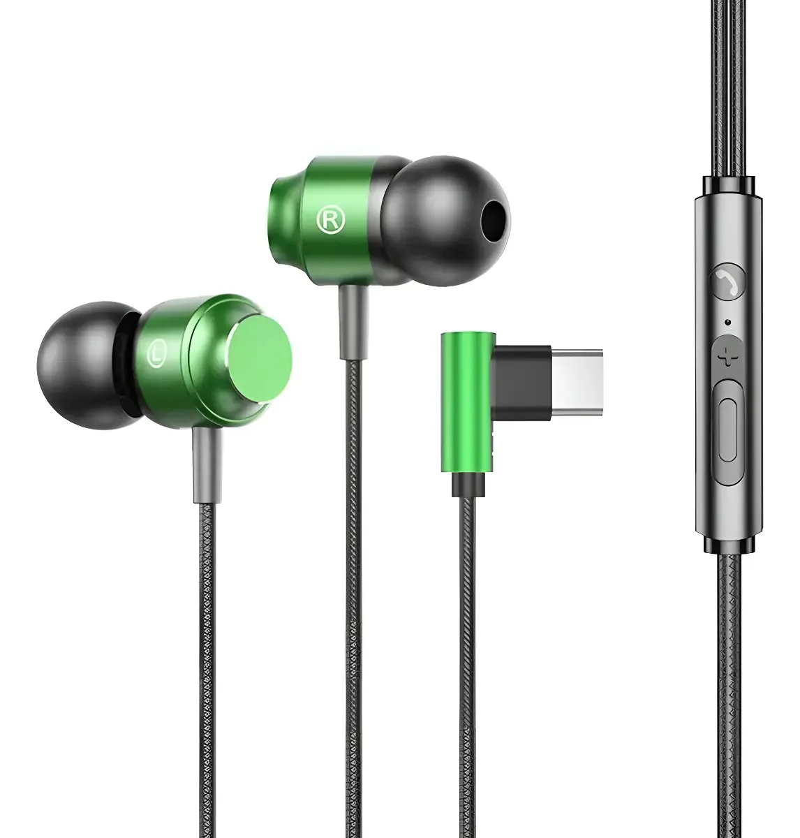 Fones de ouvido viva-voz metálicos com fio com ímã e. Cor Verde-Tipo C