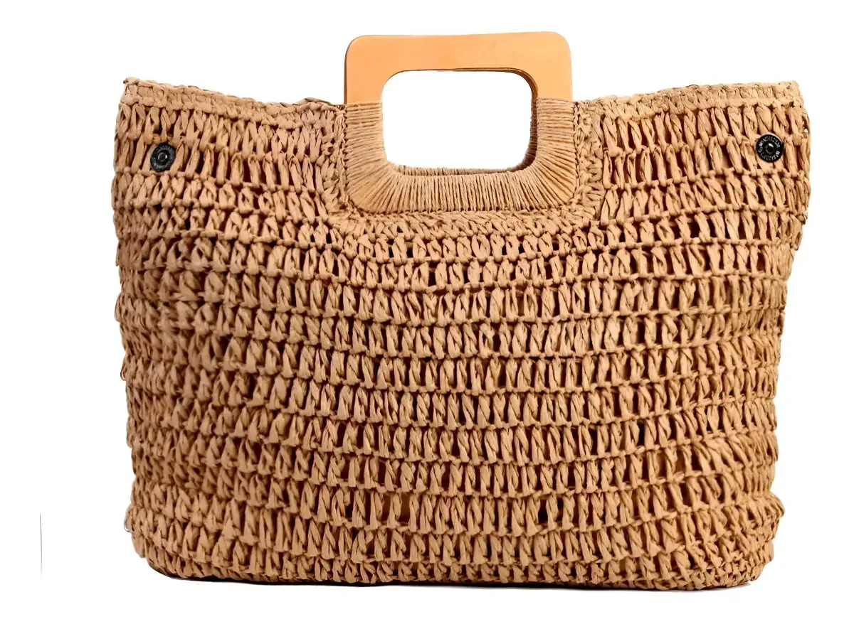 Bolsa Feminina Grande Praia Palha Quadrada Alça Madeira Marrom Claro