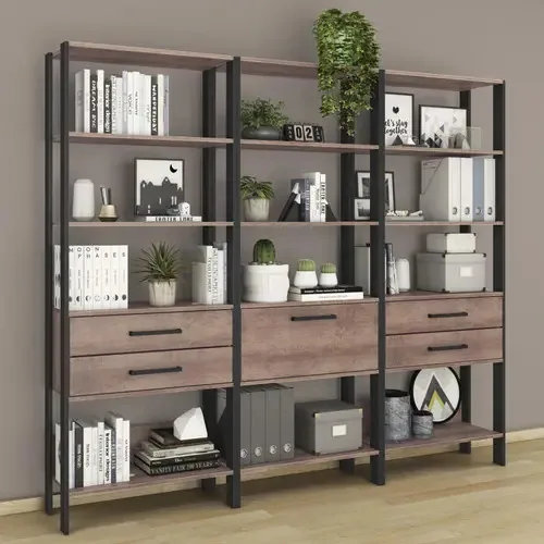 Conjunto De Estantes 1 Porta 2 Gavetas Marrom Preto