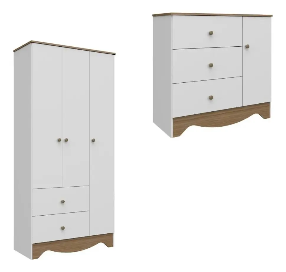 Quarto Bebê Guarda Roupa E Cômoda Peroba Mdf Branco Marrom