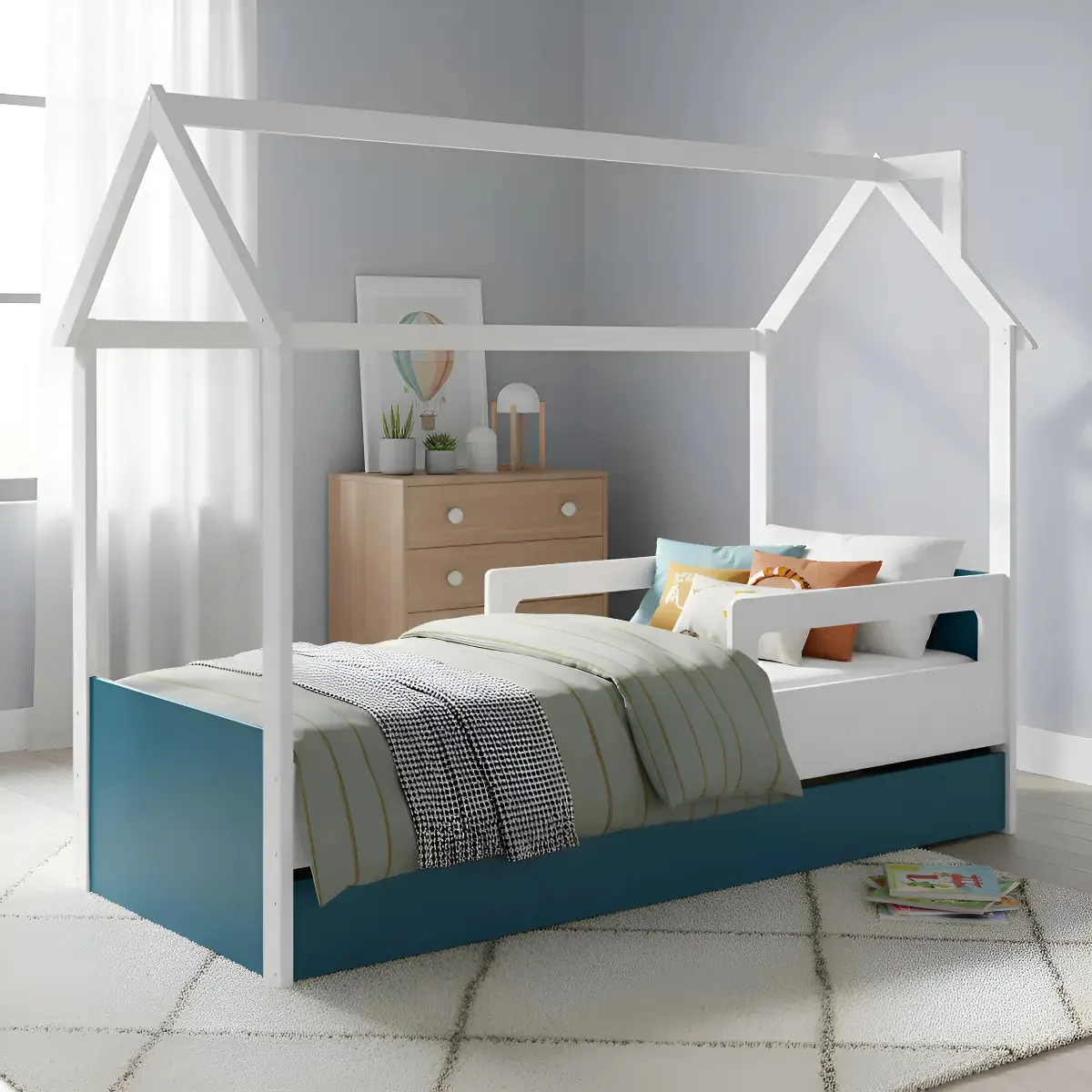 Cama Infantil Com Colchão Montessoriana Branca E Azul