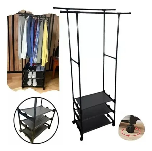 Cabide Shop Mix ARARA DUPLA 3 PRATELEIRAS para agasalhos cor preto