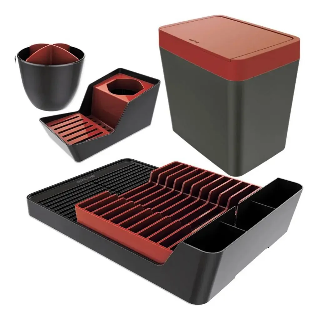 Kit Escorredor Louça Porta Talher Pia Lixeira - Vermelho