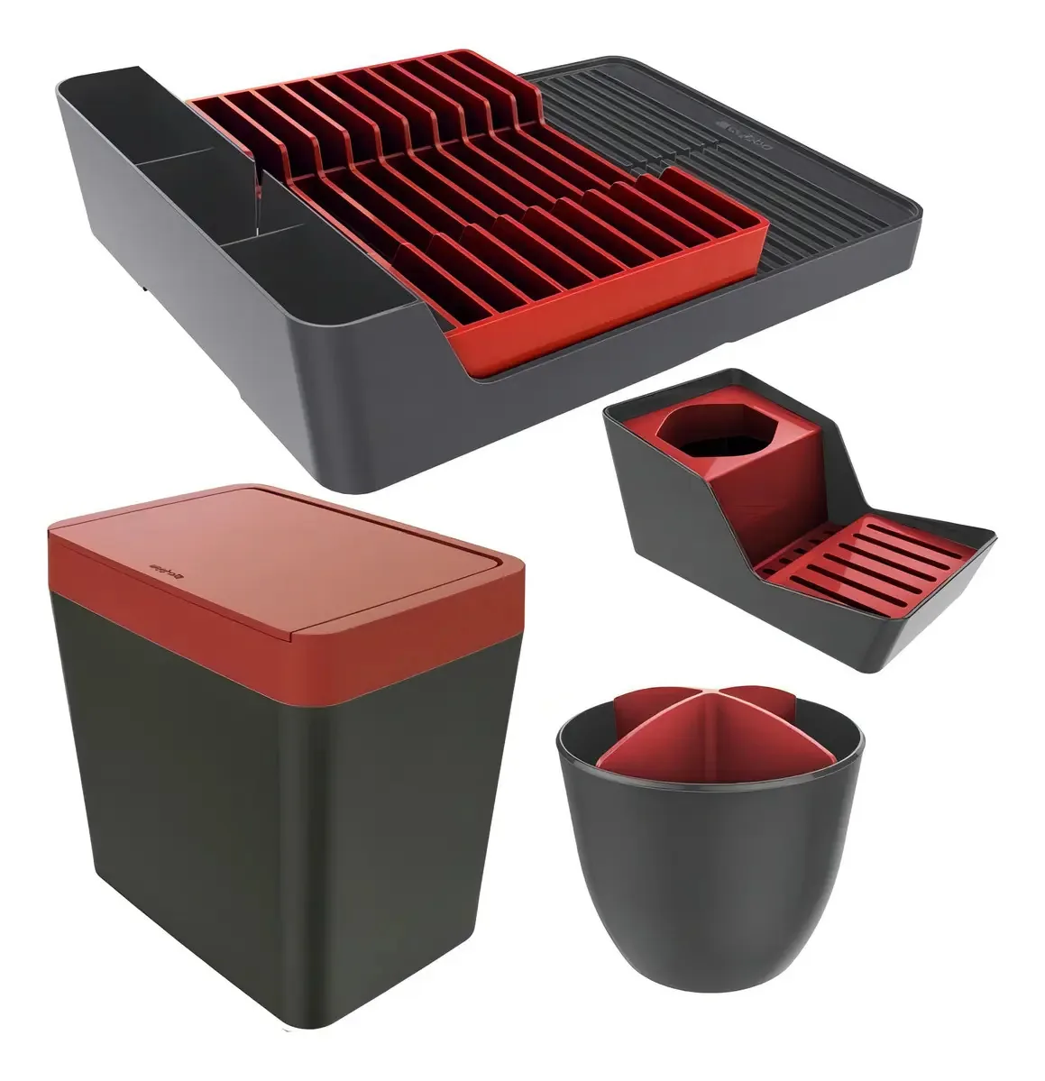 Kit Escorredor Louça Talher Lixeira Crippa - Chumbo/vermelho