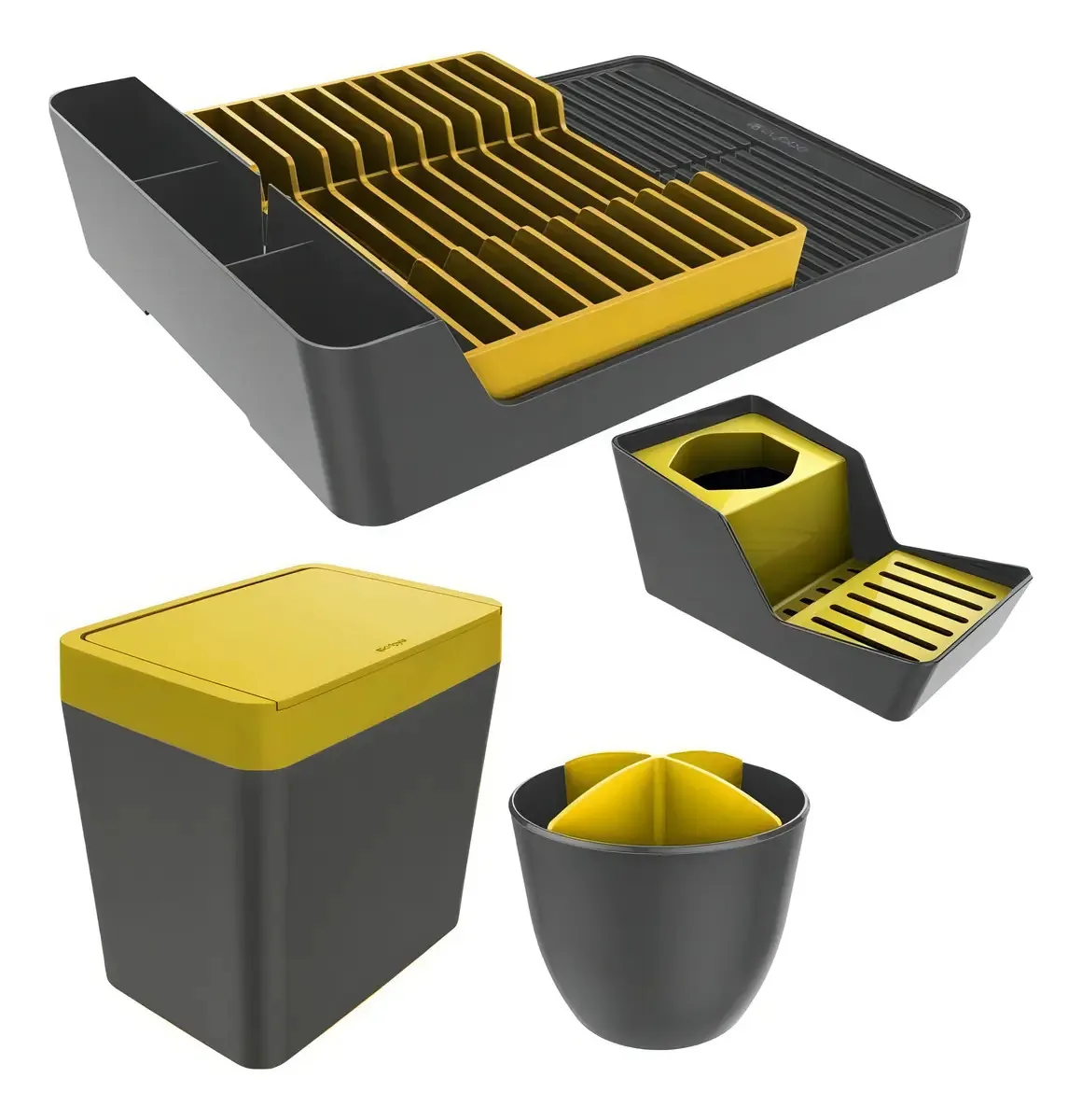 Kit Escorredor Louça Talher Lixeira Crippa - Chumbo/amarelo
