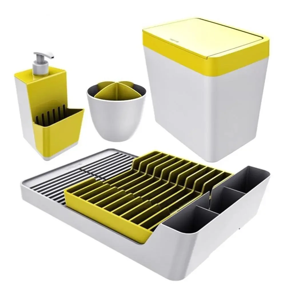 Escorredor Louça Talher Detergente Lixeira - Branco/amarelo